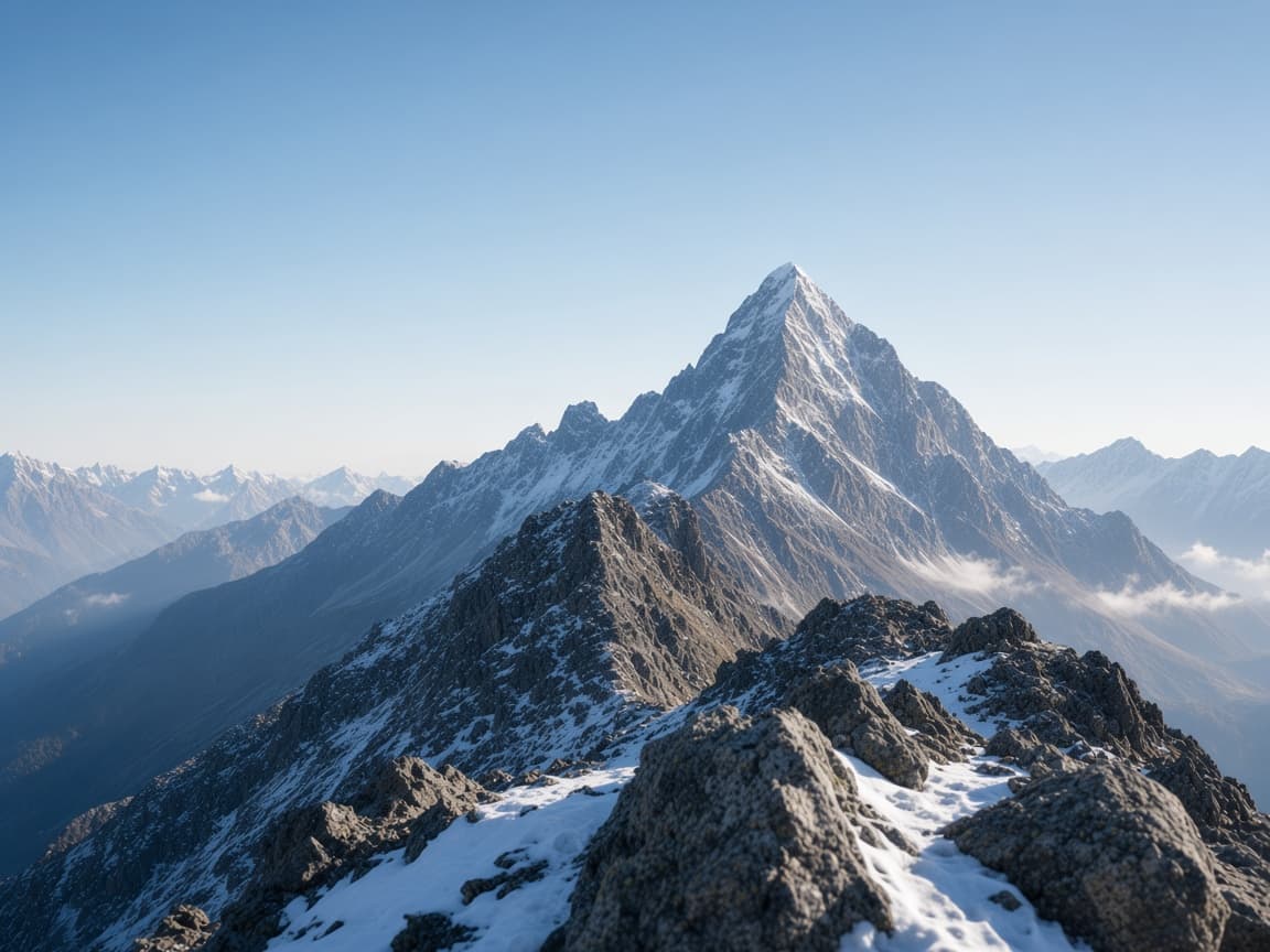 A snow-dusted mountain peak under a clear sky.