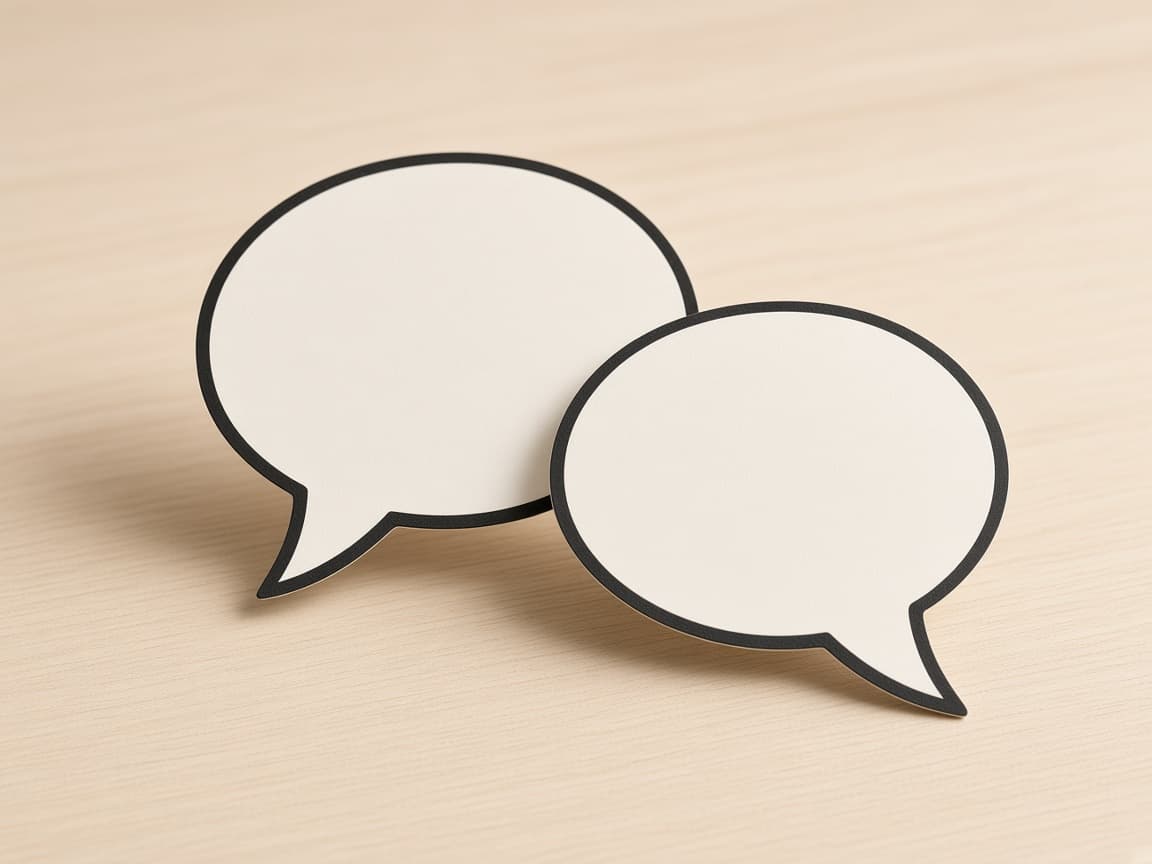 Two white speech bubbles on a wooden table.
