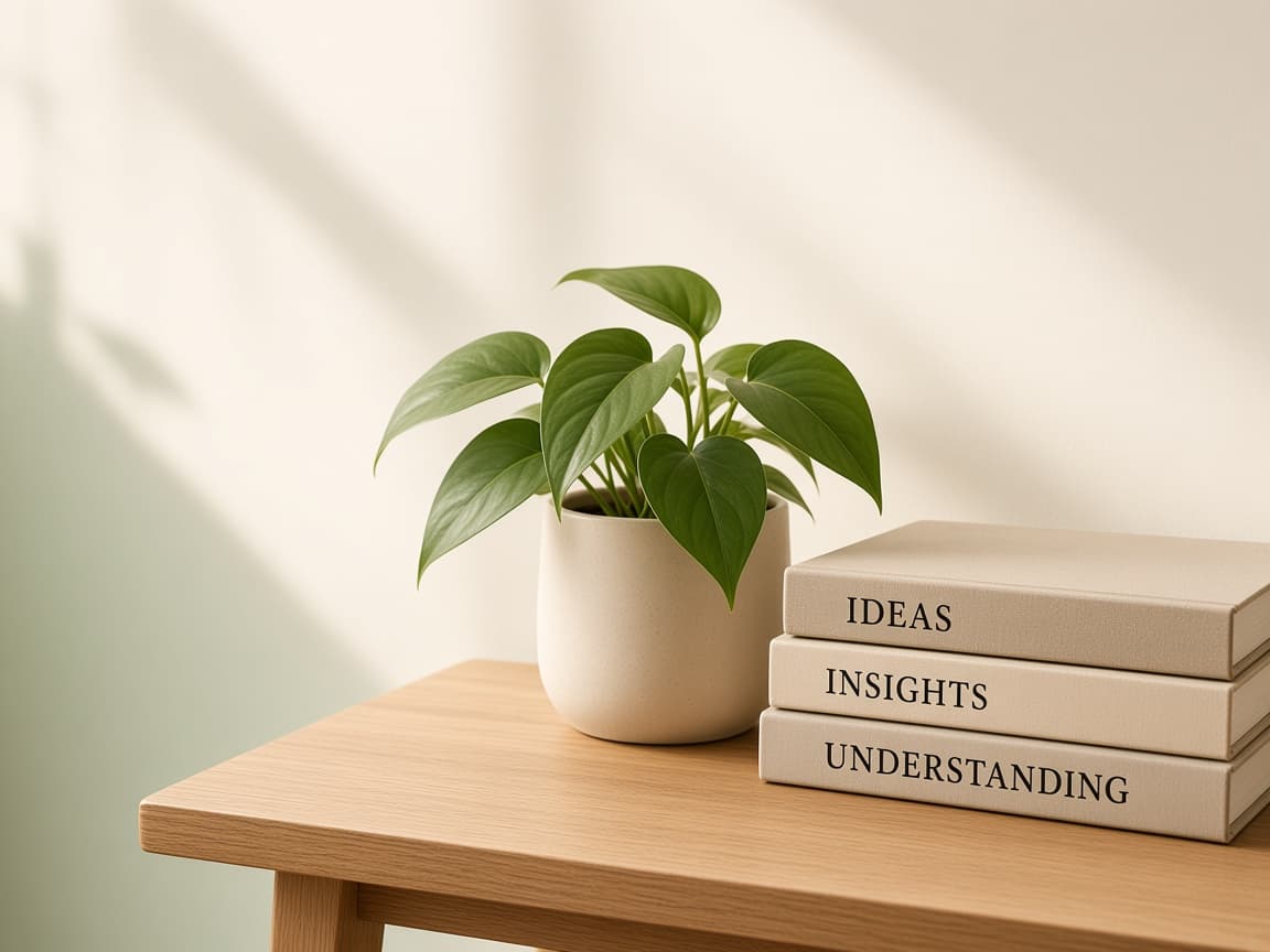 A plant and stacked books labelled Ideas, Insights and Understanding.